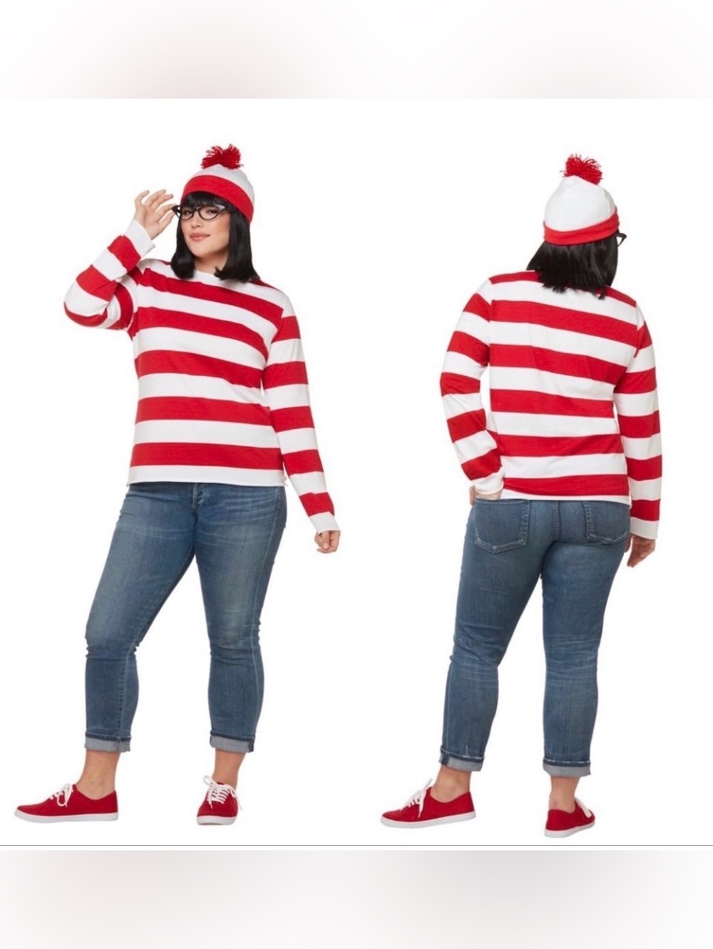 New Spirit Halloween Where’s Waldo Costume shirt, hat, socks, 2 pr glasses Lg/XL